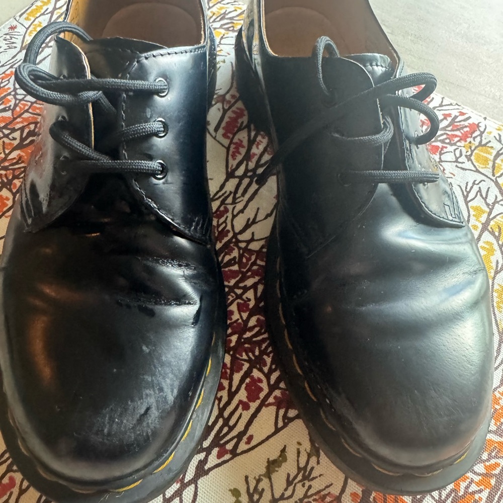 Dr. Martens Black Leather Lace-Up Derbys with Yellow Welt Stitching